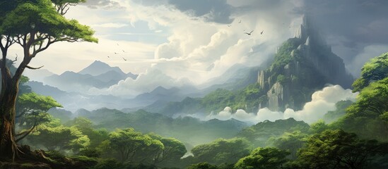 The lush green leaves of the towering tree against the backdrop of a dreamy sky creates a captivating illustration of the serene forest landscape where wood textures and mountainous terrain