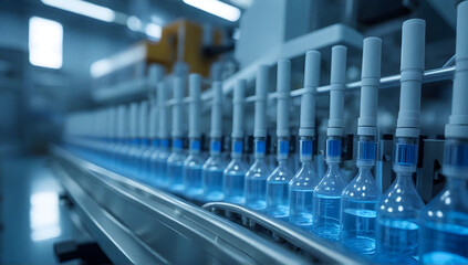 transparent glass test tubes with colored liquid sample for testing while placed on table with glassware against blurred scientific laboratory