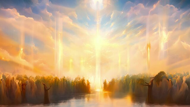 An array of angelic figures soar through the sky weaving a magical pattern of light and wonder as they dance to the rhythm of the celestial song echoing above.