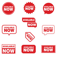 Set of available now label, badge, seal, available now text banner