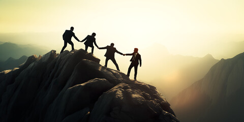 Team of businessman helping each other climbing to top mountain - obrazy, fototapety, plakaty