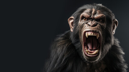 Angry chimpanzee open mouth ready to attack isolated on gray background