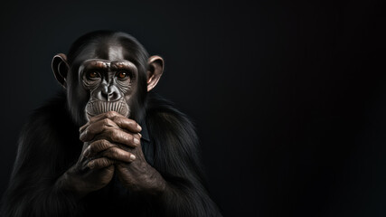 Confused chimpanzee is contemplating isolated on gray background