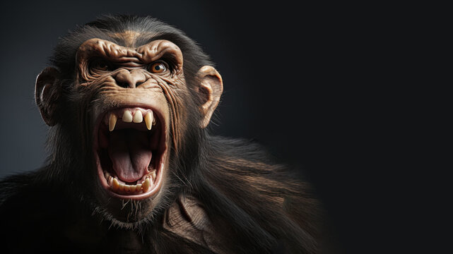Angry chimpanzee open mouth ready to attack isolated on gray background