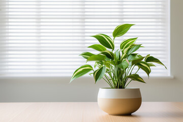 A plant in a pot on a wooden table with natural lighting from window