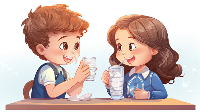 Boy and girl drinking a glass of water. Hand drawn in thin line style, illustrations.