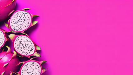 Obraz na płótnie Canvas Delicious cut dragon fruit (pitahaya) on magenta hot pink background, flat lay. Space for text. AI generated digital design, postproduction. 