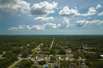 Fototapeta premium Aerial landscape view of suburban private houses between green palm trees in Florida quiet rural area
