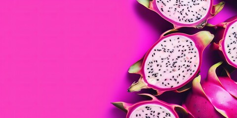 Obraz na płótnie Canvas Delicious cut dragon fruit (pitahaya) on magenta hot pink background, flat lay. Space for text. AI generated digital design, postproduction. 