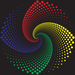 Abstract rainbow whirlpool vector background, swirl pattern with circle shapes. Festive geometric ornament on black backdrop. Trendy spiral design element for banner of card