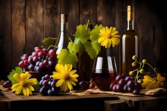 Fresh grapes in a glass, wine grapes in a bottle, and a yellow flower in a vase are all placed on the wooden plank. Image of a still life with size adjustments for the banner, cover, and header