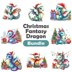 Fantasy cute dragon with christmas hat, great design watercolor White color background. New Year 2024 Vector art illustration. Cartoon dragon