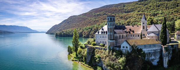Aerial view of Abbey of Hautecombe, or Abbaye d'Hautecombe, in Savoie, France - obrazy, fototapety, plakaty
