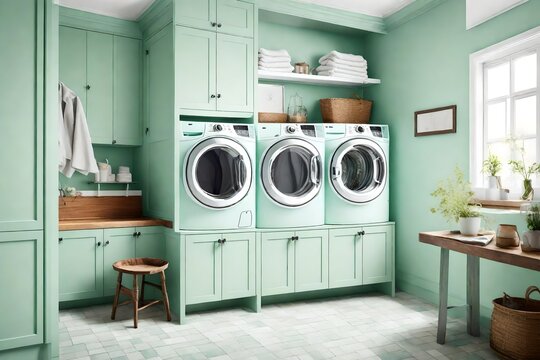 washing machine in the kitchen with green theme