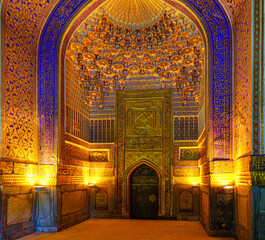 Ornament of the interior of the Registan mosque in Samarkand, Uzbekistan. Muslim oriental...