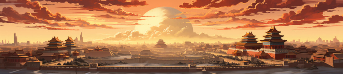 china sunset panorama cartoon style