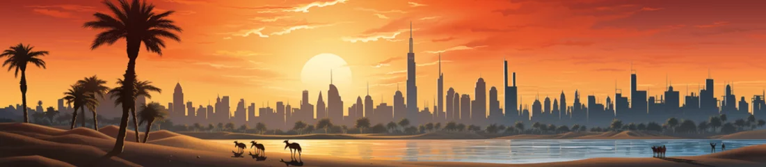 Papier Peint photo Orange Dubai UAE, morning landscape cartoon style