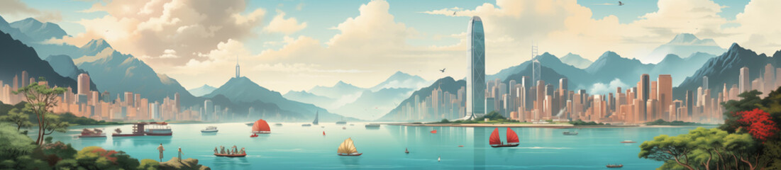 Hong Kong, China landscape cartoon style