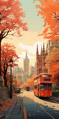 Autumn leaves london bus cartoon style - obrazy, fototapety, plakaty