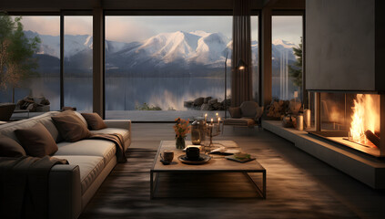 A living room with a fireplace and large windows overlooking an atmospheric winter landscape with...
