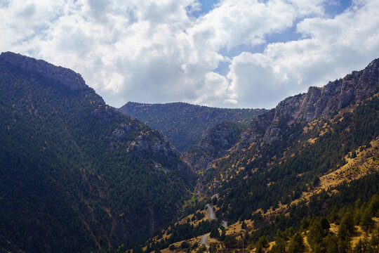 Mountains covered with grass and trees and cloudy dramatic sky on a daytime in Zaamin reserve.