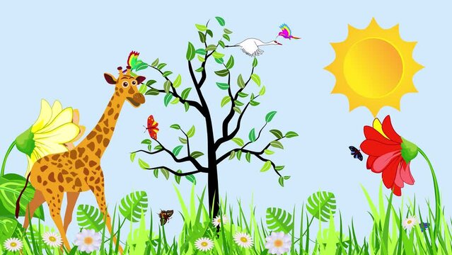 cartoon giraffe, tree grass sun and butterflies rainbow animation