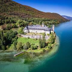 Aerial view of Abbey of Hautecombe, or Abbaye d'Hautecombe, in Savoie, France