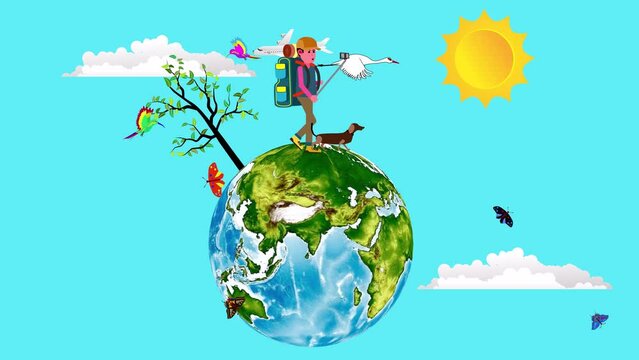 Tourist traveller walking on globe surface, concept animation tree sun and butterflies