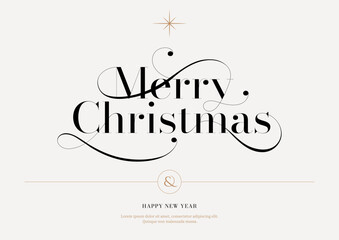 Merry Christmas lettering template. Xmas greeting card template, Invitation script calligraphy, Creative typographic quote, Holiday postcard element. Hand drawn style. Trendy vector line illustration. - 676189738