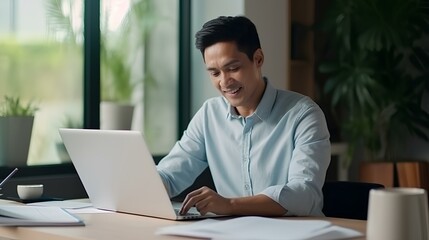 Smiling Asian businessman reading financial document and using laptop on desk while working from home. generative AI