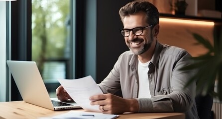Smiling businessman reading financial document and using laptop on desk while working from home. generative AI