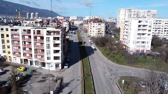 Drone panning over Boulevard Andrey Lyapchev in Sofia, Bulgaria