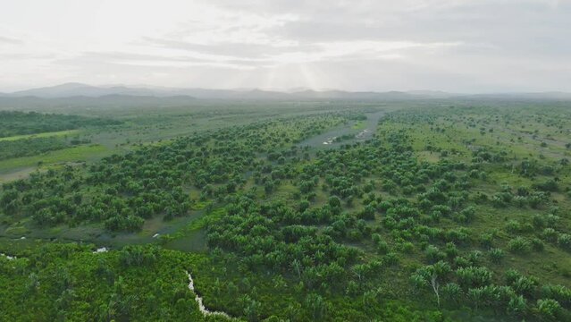 Beautiful sunset in the African forest with rays of the sun. Shine through the clouds.Tropical forest with green trees and small river stream.