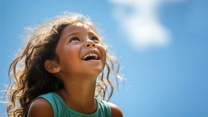 A Indian girl breathes calmly looking up isolated on clear blue sky - Powered by Adobe