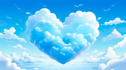 青空にハート型の雲のアニメ風イラスト - obrazy, fototapety, plakaty