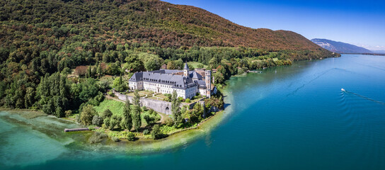 Aerial view of Abbey of Hautecombe, or Abbaye d'Hautecombe, in Savoie, France
