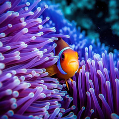 An orange clownfish peeking from the safety 
 - obrazy, fototapety, plakaty