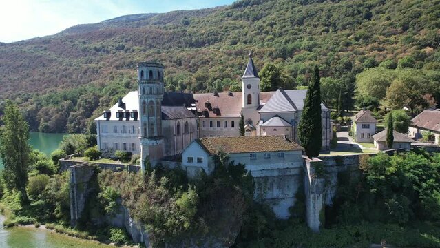 Aerial view of Abbey of Hautecombe, or Abbaye d'Hautecombe, in Savoie, France