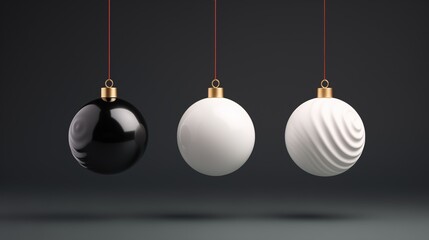 Christmas black and white baubles hanging on gold chain with a minimal dark background, modern Xmas ornaments and decorations, holiday advertisement - season's greetings concept.