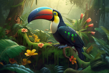 Fototapeta premium Parrot in the jungle. Nature background. 3D illustration.