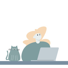 Woman working with laptop. Freelance or studying concept. Cute illustration in flat style.