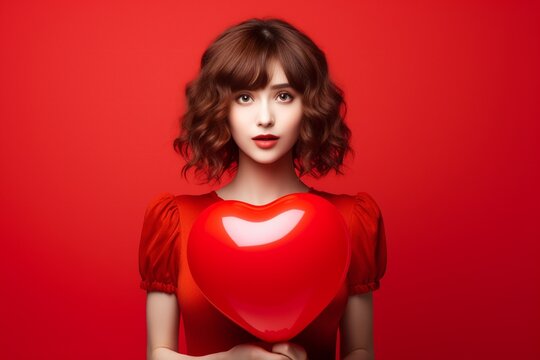 Portrait pretty happy smiling woman in red dress with air balloon heart shape over red background 14 February banner