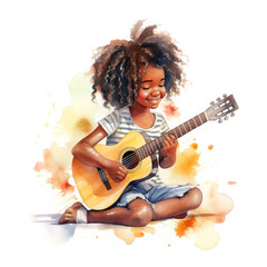 Cute cartoon African girl playing guitar, singing song Illustration, Generative Ai