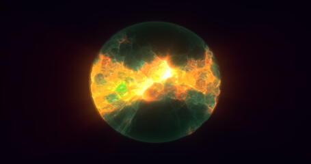 Energy abstract yellow green sphere of rapidly shimmering glowing liquid plasma, electric magic round energy ball with bursts of energy background