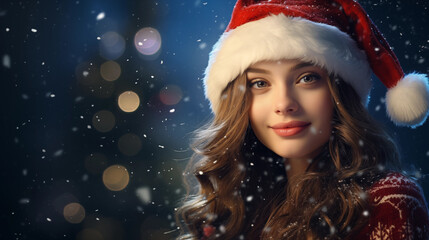 christmas girl in santa hat with smile in snow, Winter holidays concept