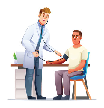 Doctor measuring blood pressure to patient. Medical examination and healthcare concept. Vector cartoon character illustration