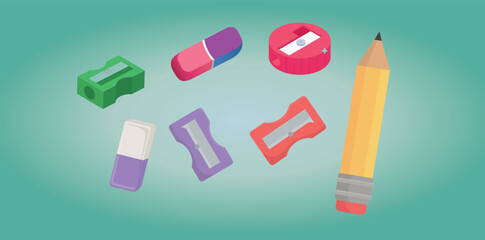 Study Tools Pencil, Eraser, Sharpener Collection Vector Illustration 