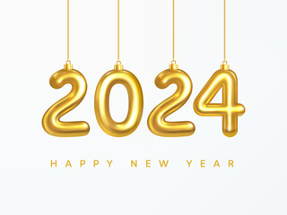 2024 New Year Greeting Card. Number 2024 hanging on a golden Christmas tree thread. Happy New Year. Christmas decoration. Realistic 3d Vector graphics