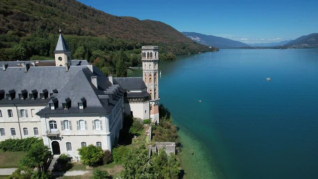 Aerial view of Abbey of Hautecombe, or Abbaye d'Hautecombe, in Savoie, France