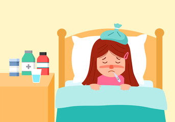 Cute sick girl with thermometer in mouth lay in bed. Flu child with fever. 
